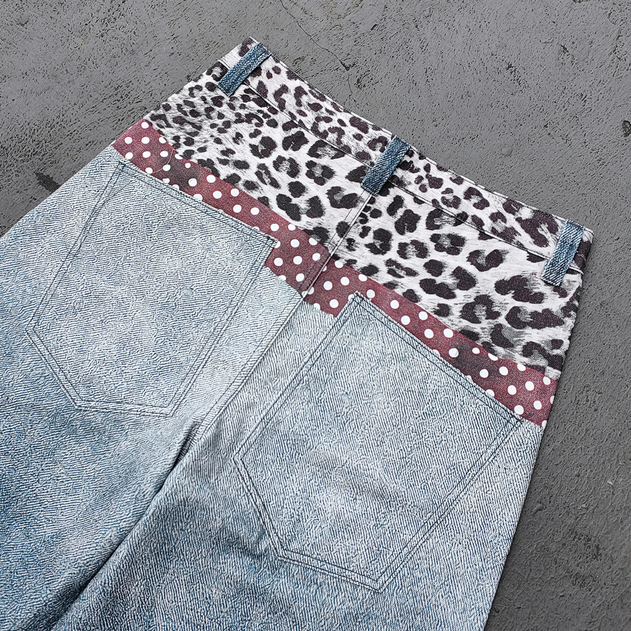 Wide Leg Jeans - Blue Gray Acid Wash Leopard Waistband Polka Dot Tie Glasses Print Y2K Streetwear