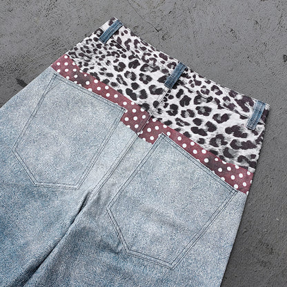 Wide Leg Jeans - Blue Gray Acid Wash Leopard Waistband Polka Dot Tie Glasses Print Y2K Streetwear