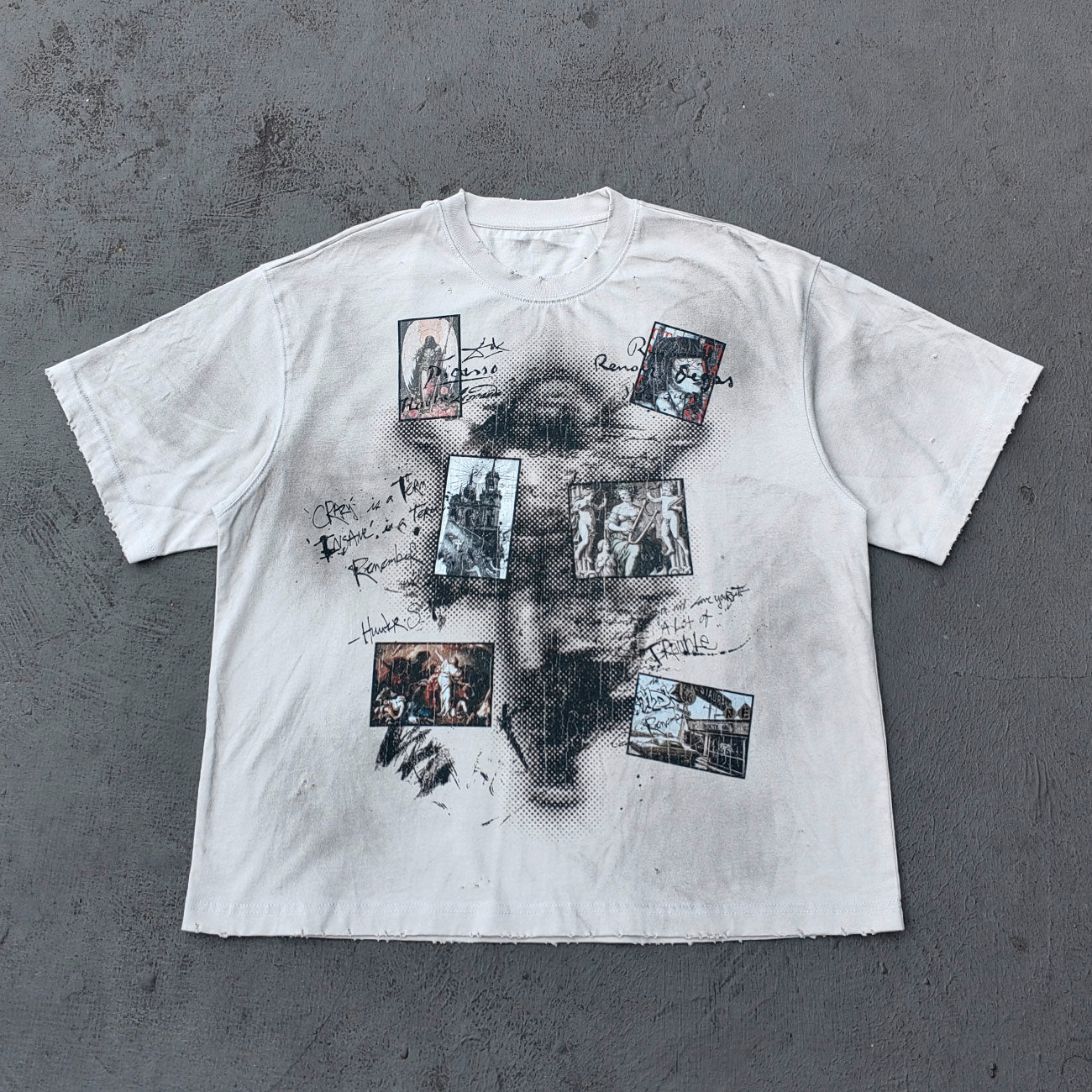 Art Collage Graphic Tee - White Acid Wash Face Print Vintage Painting Ripped Y2K Streetwear