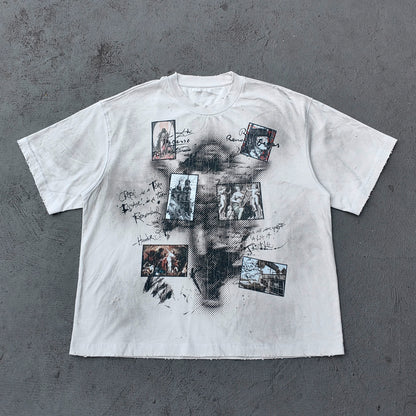 Art Collage Graphic Tee - White Acid Wash Face Print Vintage Painting Ripped Y2K Streetwear