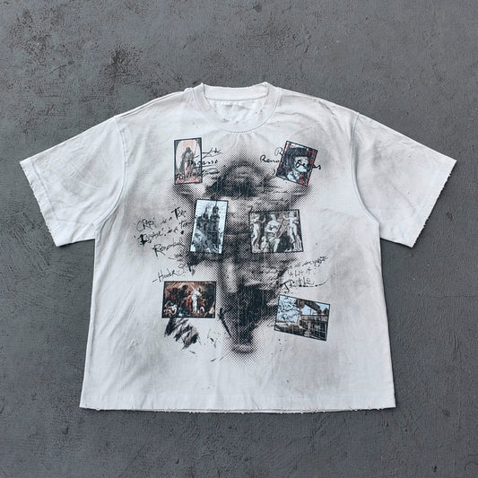 Art Collage Graphic Tee - White Acid Wash Face Print Vintage Painting Ripped Y2K Streetwear