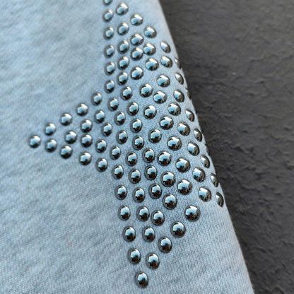 Star Rhinestone Zip Up Hoodie - Light Gray Studded Ripped Distressed Y2K Streetwear