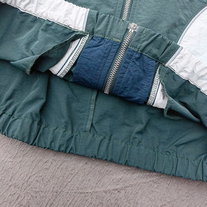 Color Block Track Suit Set - Navy Green White Collared Windbreaker Jacket Shorts Y2K Streetwear