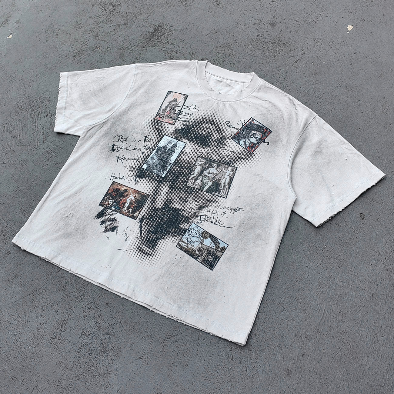 Art Collage Graphic Tee - White Acid Wash Face Print Vintage Painting Ripped Y2K Streetwear