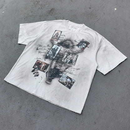 Art Collage Graphic Tee - White Acid Wash Face Print Vintage Painting Ripped Y2K Streetwear