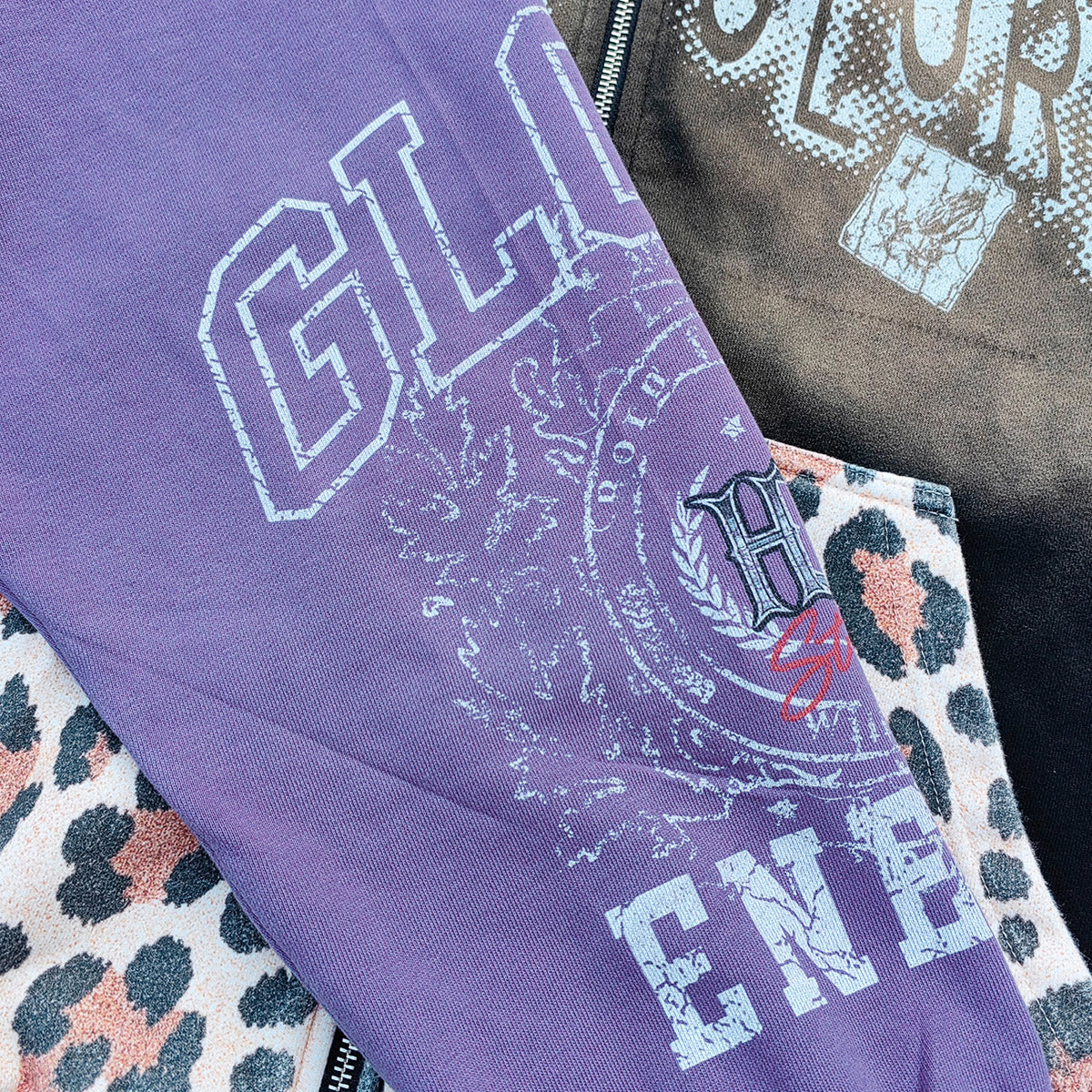 Holy Glory Rhinestone Zip Up Hoodie - Black Brown Gradient Purple Yellow Leopard Pocket Y2K Streetwear