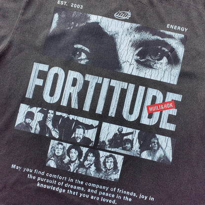 FORTITUDE Graphic Tee - Black Acid Wash Vintage Collage Portrait Print HUILI HDK Y2K Streetwear