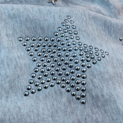 Star Rhinestone Zip Up Hoodie - Light Gray Studded Ripped Distressed Y2K Streetwear