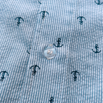Anchor Print Pinstripe Shirt - Light Blue White All Over Print Y2K Streetwear