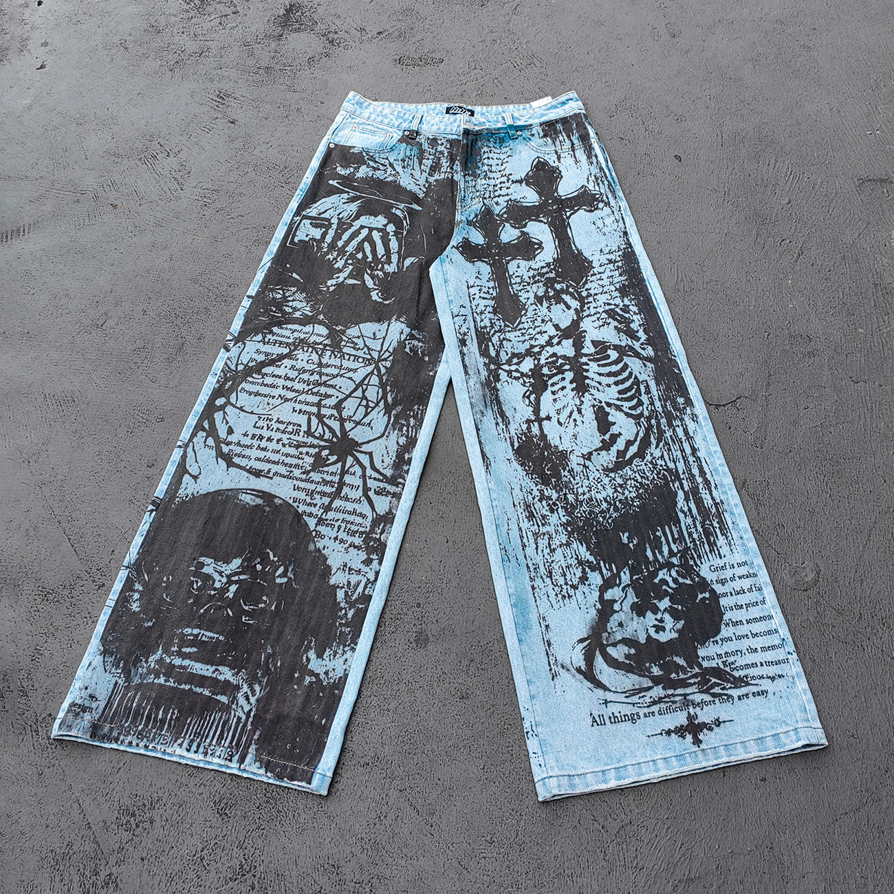 Y2K Gothic Jeans - Light Blue Wash Skull Cross Spider Print All Over Dark Graphic Wide Leg Baggy Oversized