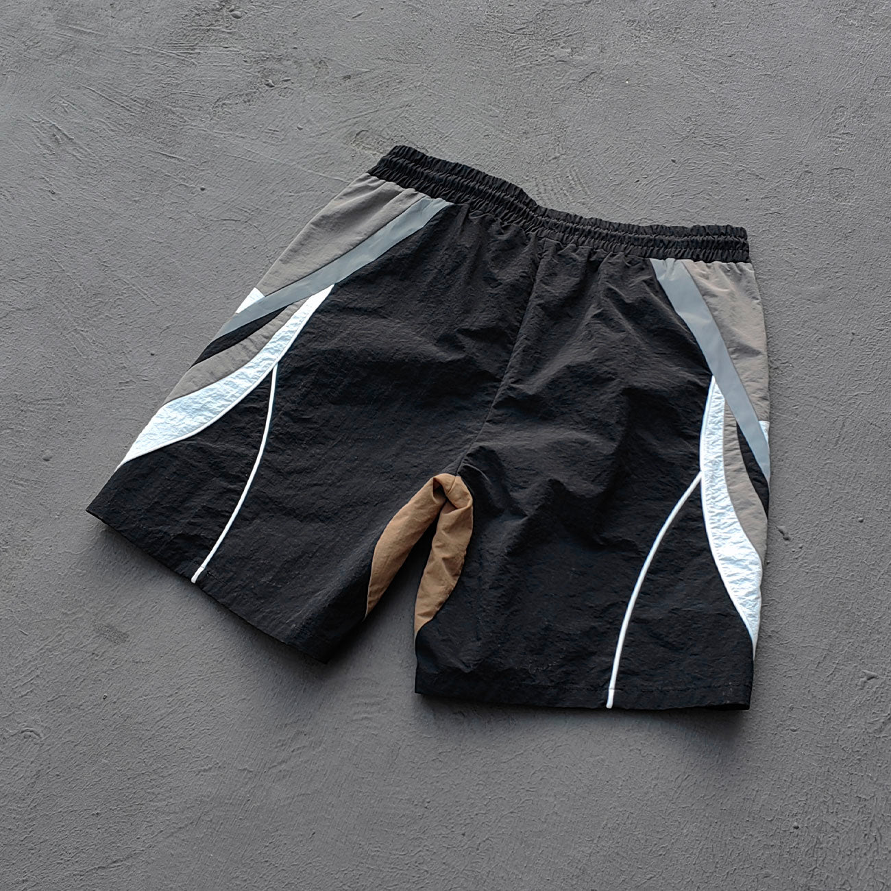 Multi Panel Track Shorts - Black Color Block Geometric Y2K Nylon Streetwear