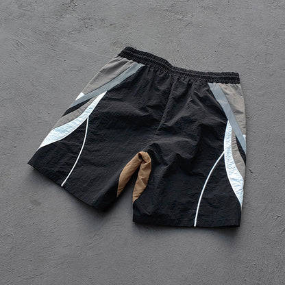 Multi Panel Track Shorts - Black Color Block Geometric Y2K Nylon Streetwear