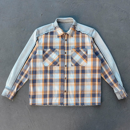 Plaid Denim Patchwork Shacket - Frayed Edge Y2K Oversized Shirt Jacket