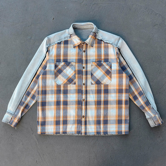Plaid Denim Patchwork Shacket - Frayed Edge Y2K Oversized Shirt Jacket