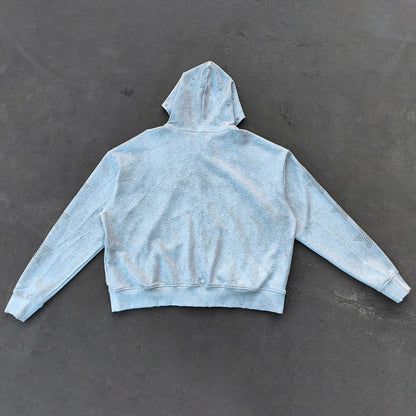 Star Rhinestone Zip Up Hoodie - Light Gray Studded Ripped Distressed Y2K Streetwear