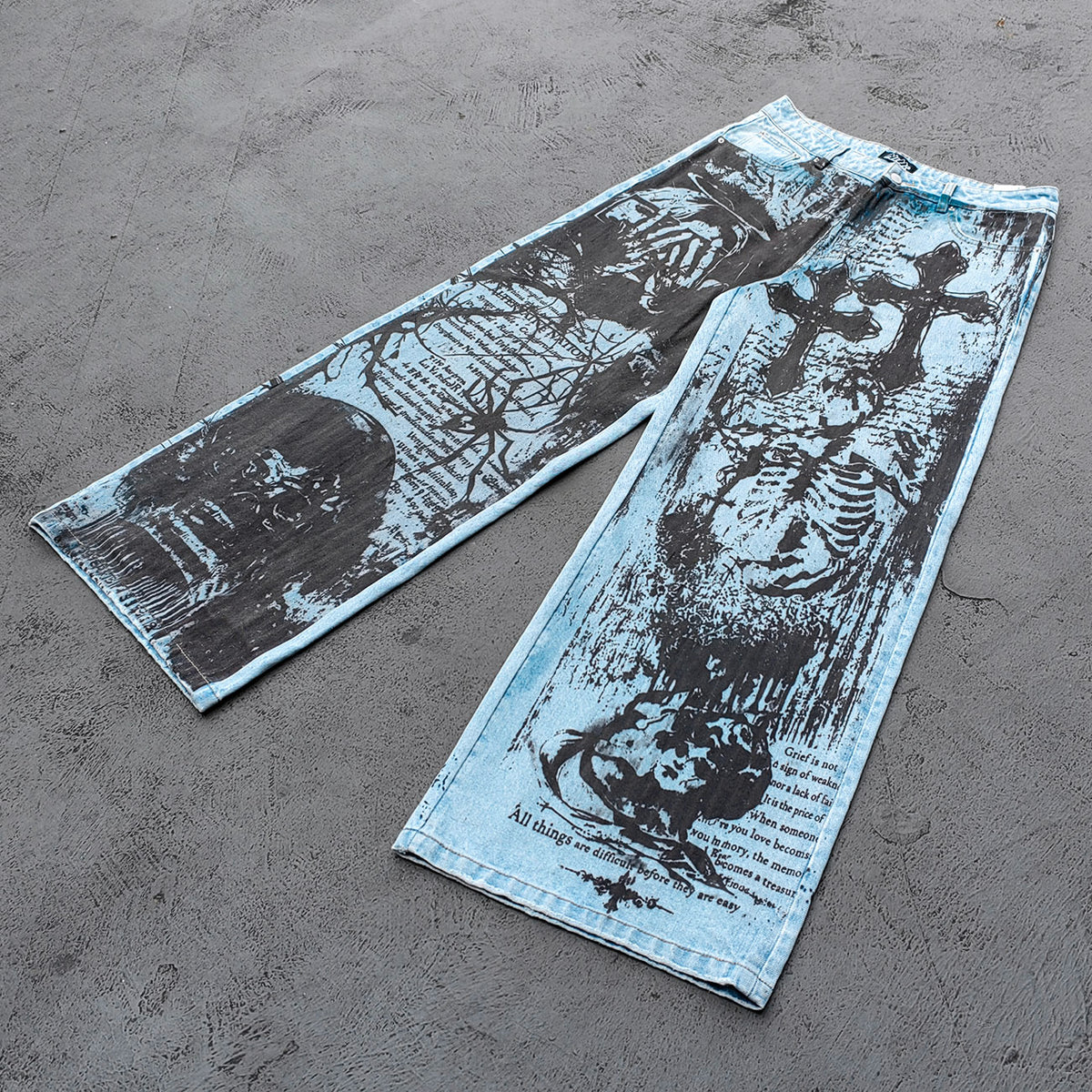 Y2K Gothic Jeans - Light Blue Wash Skull Cross Spider Print All Over Dark Graphic Wide Leg Baggy Oversized