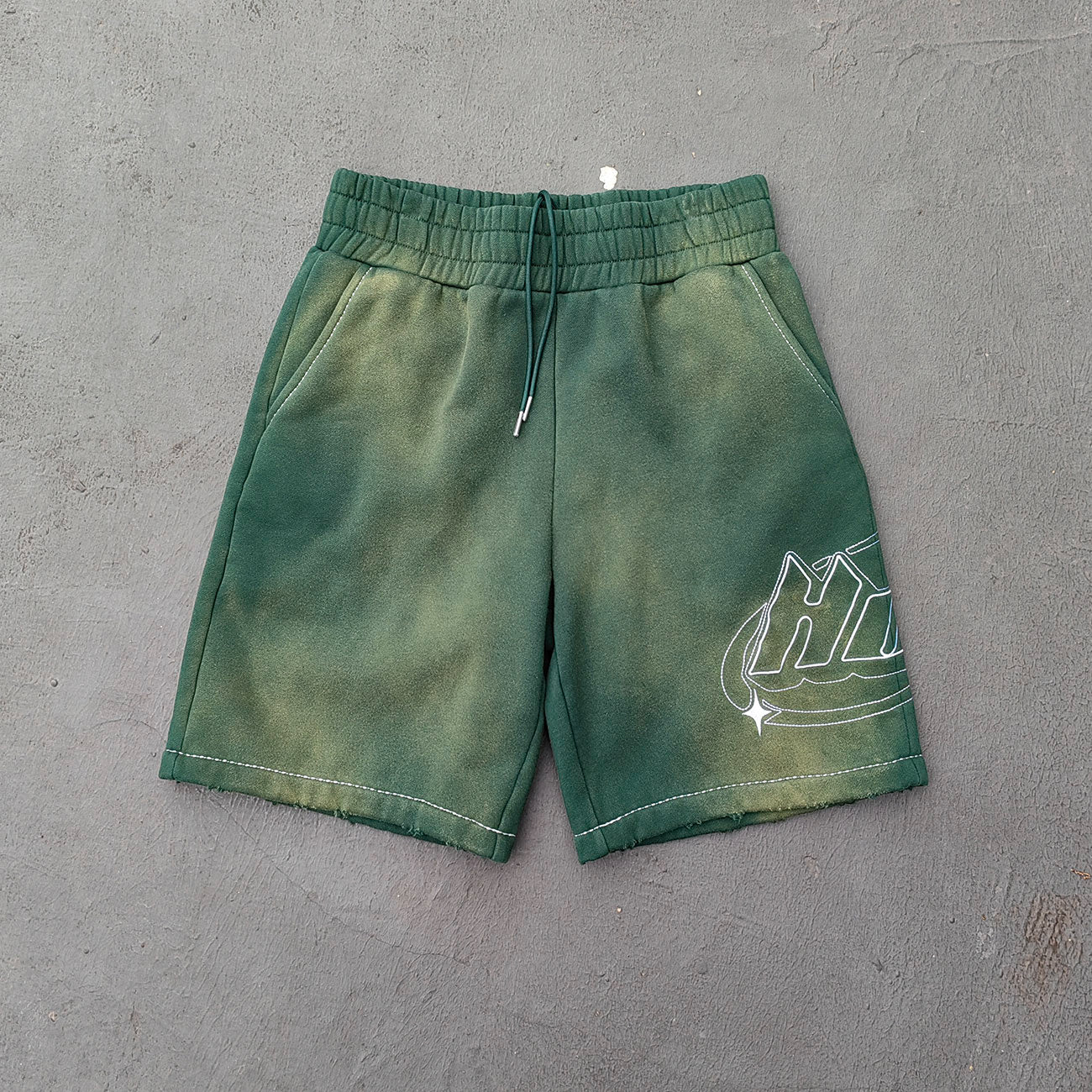 Gradient Wash Hoodie Shorts Set - Olive Green HDK Star Logo Rhinestone Y2K Streetwear