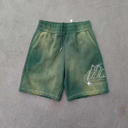 Gradient Wash Hoodie Shorts Set - Olive Green HDK Star Logo Rhinestone Y2K Streetwear