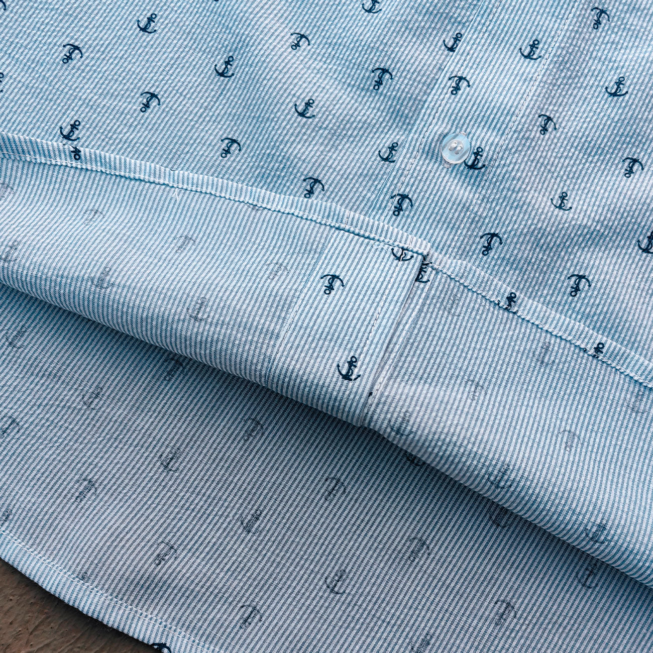 Anchor Print Pinstripe Shirt - Light Blue White All Over Print Y2K Streetwear
