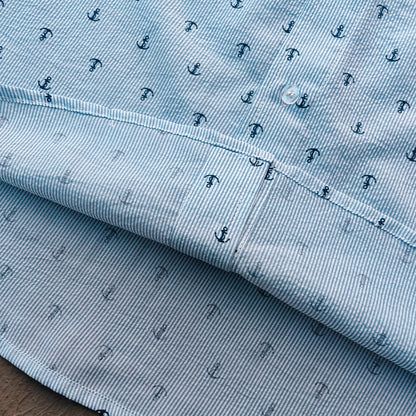 Anchor Print Pinstripe Shirt - Light Blue White All Over Print Y2K Streetwear