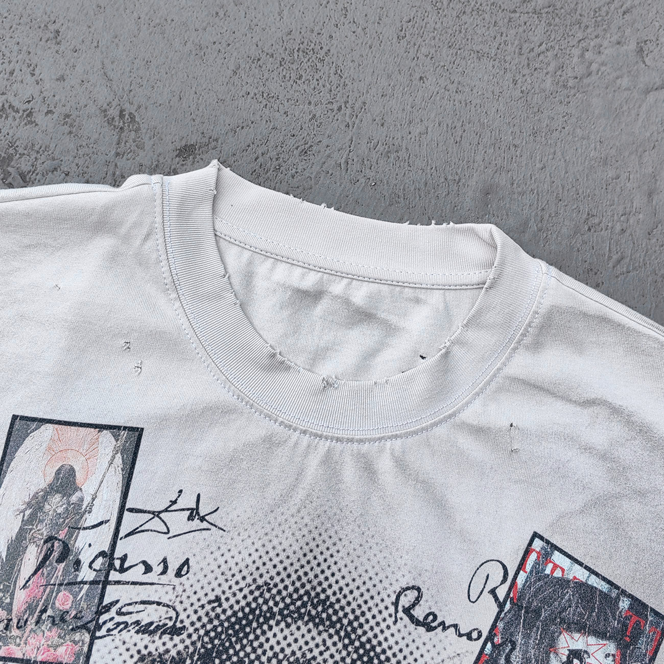 Art Collage Graphic Tee - White Acid Wash Face Print Vintage Painting Ripped Y2K Streetwear