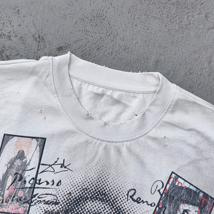 Art Collage Graphic Tee - White Acid Wash Face Print Vintage Painting Ripped Y2K Streetwear