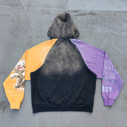 Holy Glory Rhinestone Zip Up Hoodie - Black Brown Gradient Purple Yellow Leopard Pocket Y2K Streetwear