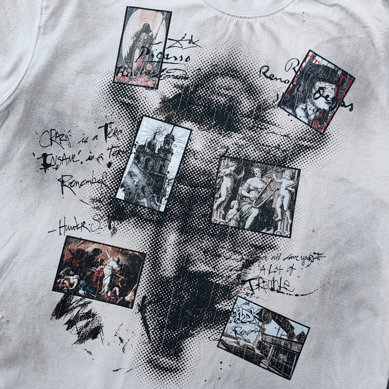 Art Collage Graphic Tee - White Acid Wash Face Print Vintage Painting Ripped Y2K Streetwear