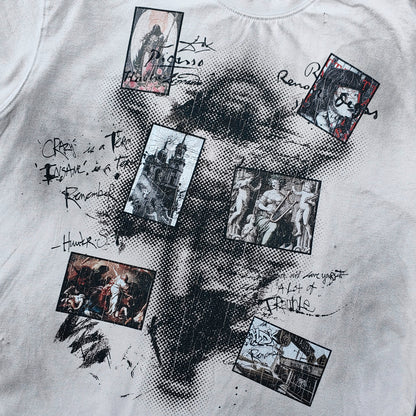 Art Collage Graphic Tee - White Acid Wash Face Print Vintage Painting Ripped Y2K Streetwear