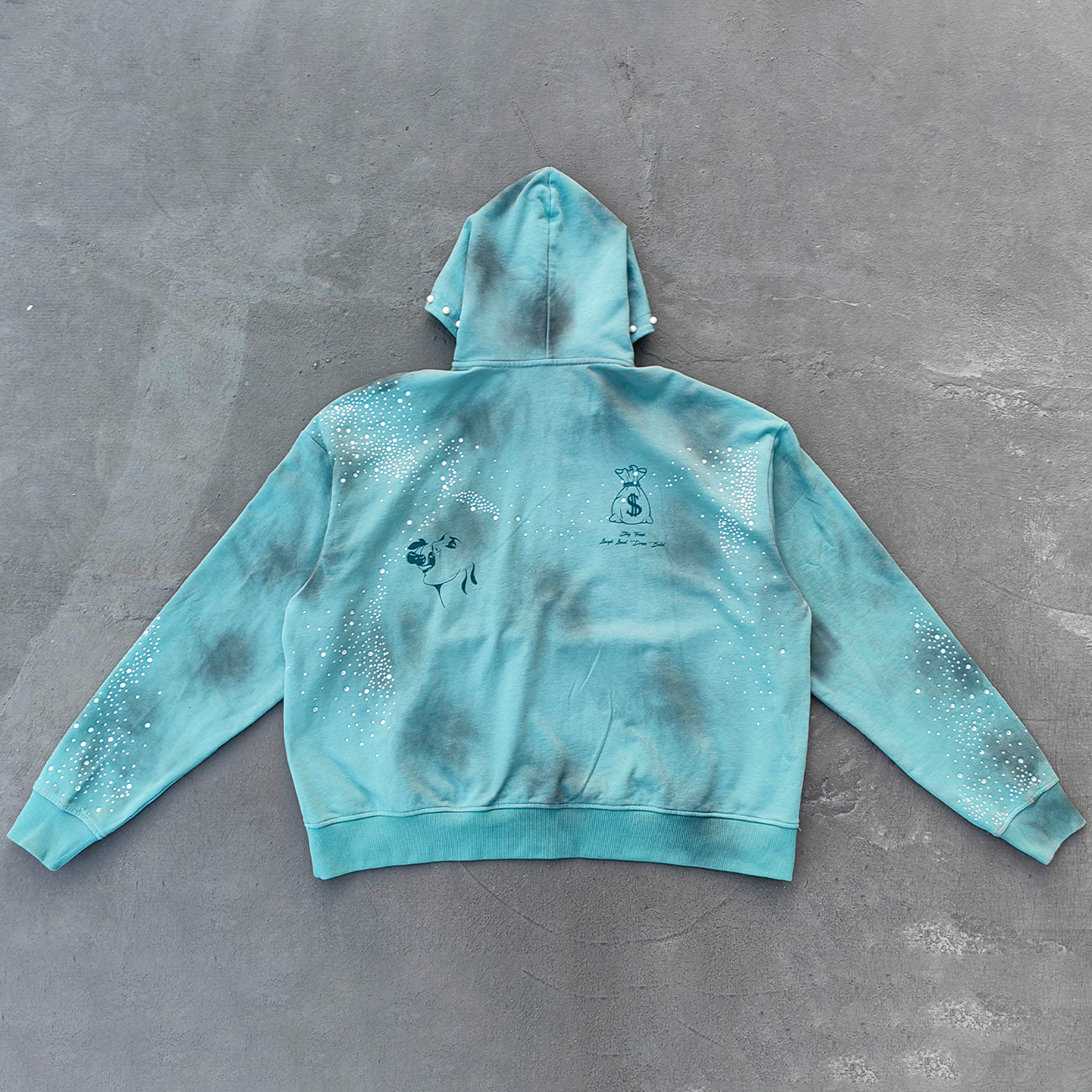 Tattoo Print Zip Up Hoodie - Gray Blue Studded Rhinestone Distressed Y2K Streetwear