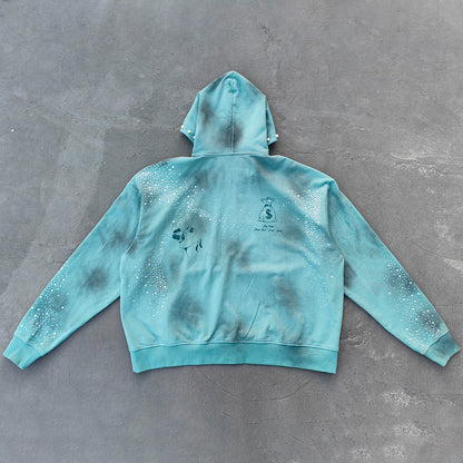 Tattoo Print Zip Up Hoodie - Gray Blue Studded Rhinestone Distressed Y2K Streetwear
