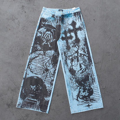 Y2K Gothic Jeans - Light Blue Wash Skull Cross Spider Print All Over Dark Graphic Wide Leg Baggy Oversized