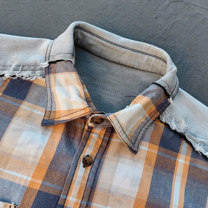 Plaid Denim Patchwork Shacket - Frayed Edge Y2K Oversized Shirt Jacket