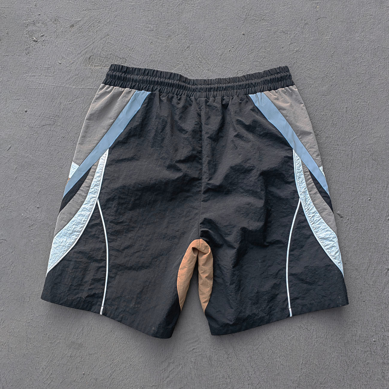 Multi Panel Track Shorts - Black Color Block Geometric Y2K Nylon Streetwear