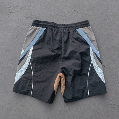 Multi Panel Track Shorts - Black Color Block Geometric Y2K Nylon Streetwear