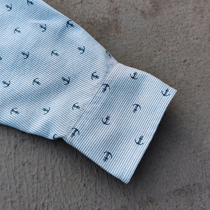 Anchor Print Pinstripe Shirt - Light Blue White All Over Print Y2K Streetwear