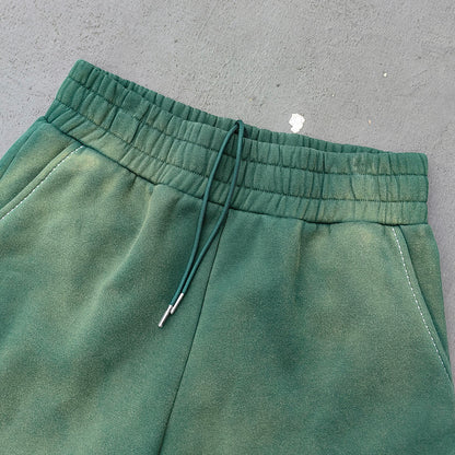 Gradient Wash Hoodie Shorts Set - Olive Green HDK Star Logo Rhinestone Y2K Streetwear