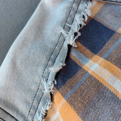 Plaid Denim Patchwork Shacket - Frayed Edge Y2K Oversized Shirt Jacket