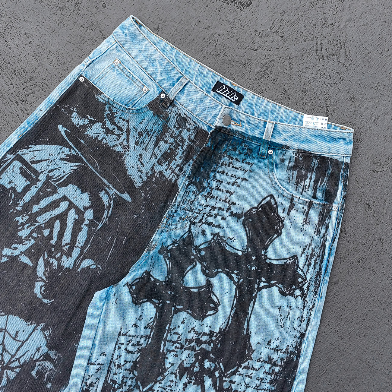 Y2K Gothic Jeans - Light Blue Wash Skull Cross Spider Print All Over Dark Graphic Wide Leg Baggy Oversized