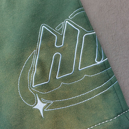 Gradient Wash Hoodie Shorts Set - Olive Green HDK Star Logo Rhinestone Y2K Streetwear