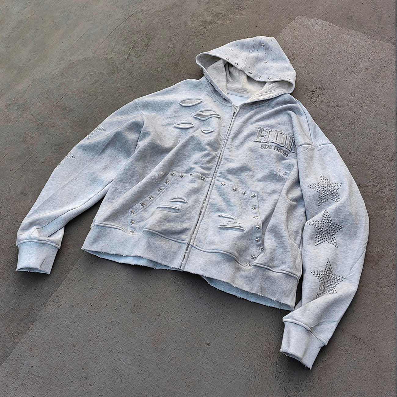 Star Rhinestone Zip Up Hoodie - Light Gray Studded Ripped Distressed Y2K Streetwear