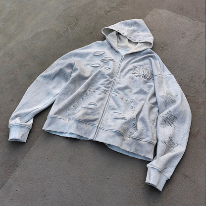 Star Rhinestone Zip Up Hoodie - Light Gray Studded Ripped Distressed Y2K Streetwear