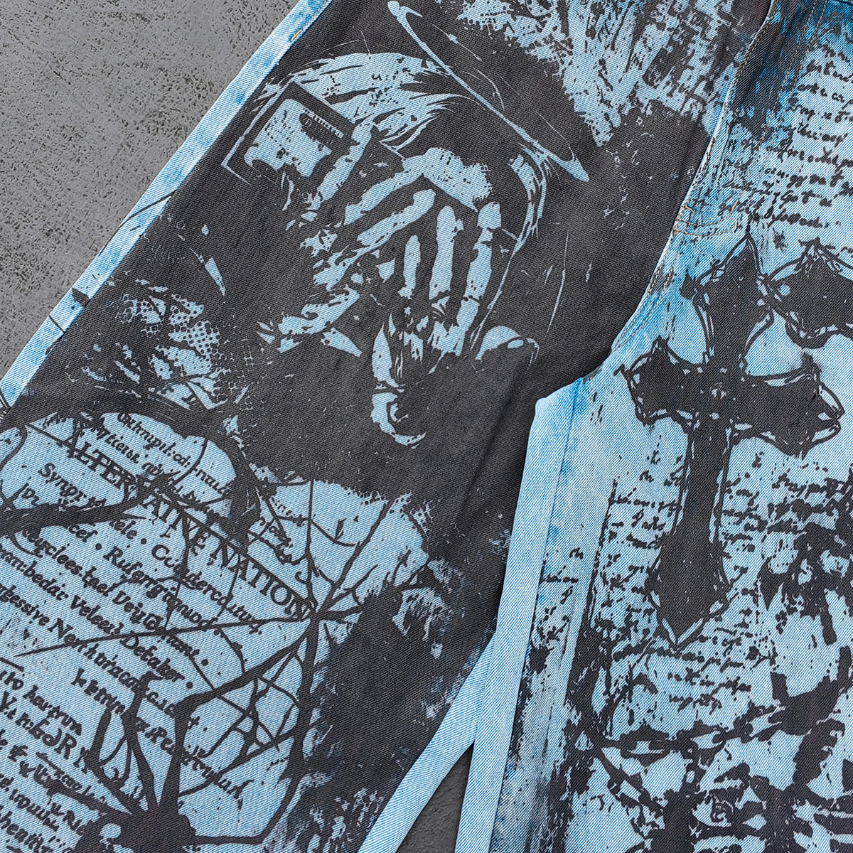 Y2K Gothic Jeans - Light Blue Wash Skull Cross Spider Print All Over Dark Graphic Wide Leg Baggy Oversized