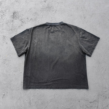 FORTITUDE Graphic Tee - Black Acid Wash Vintage Collage Portrait Print HUILI HDK Y2K Streetwear