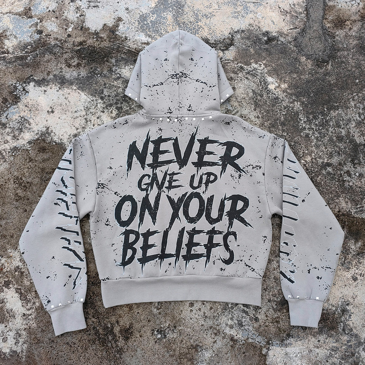 Graphic Print Hoodie - Distressed Studded Streetwear Sweatshirt