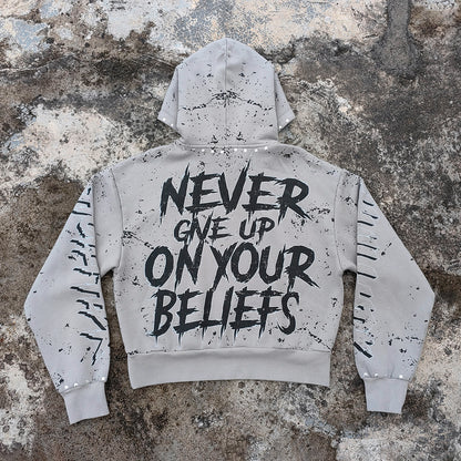 Graphic Print Hoodie - Distressed Studded Streetwear Sweatshirt