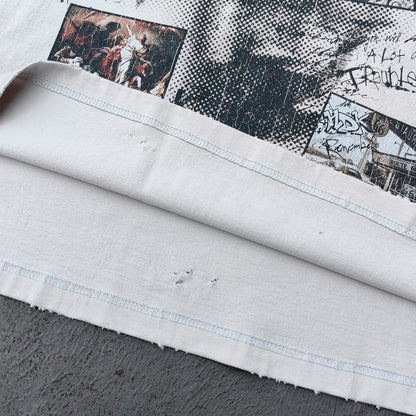 Art Collage Graphic Tee - White Acid Wash Face Print Vintage Painting Ripped Y2K Streetwear