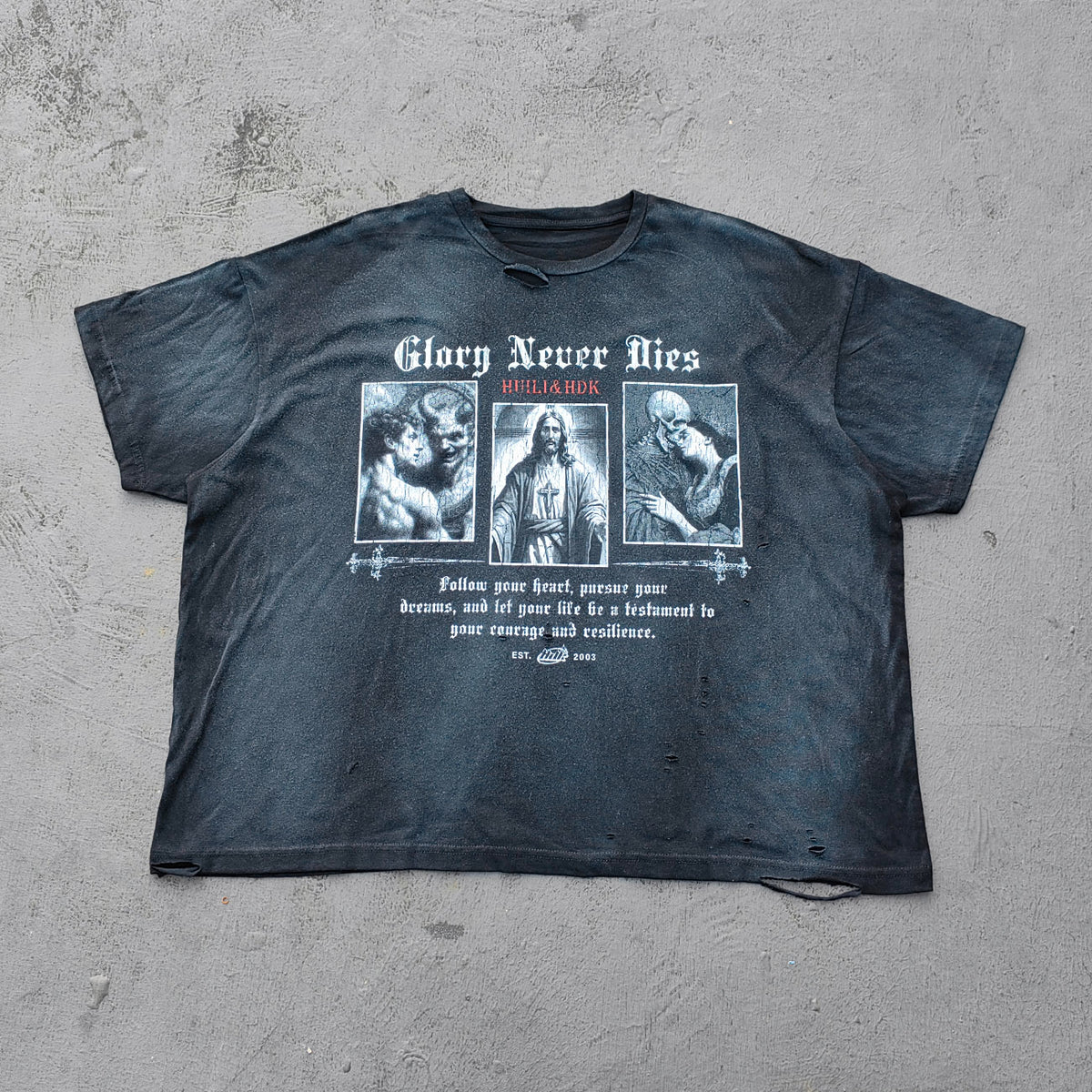 Glory Never Dies Graphic Tee - Black Acid Wash Religious Collage Print Distressed Ripped Y2K Streetwear