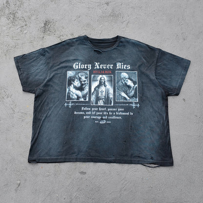 Glory Never Dies Graphic Tee - Black Acid Wash Religious Collage Print Distressed Ripped Y2K Streetwear