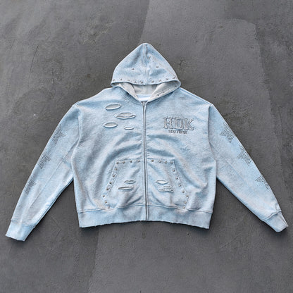 Star Rhinestone Zip Up Hoodie - Light Gray Studded Ripped Distressed Y2K Streetwear